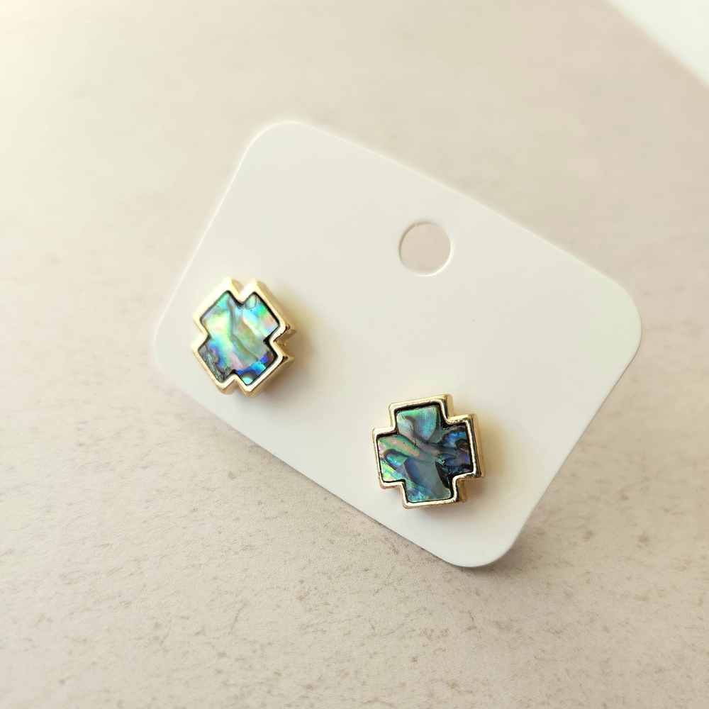 Gold and Abalone Shell Cross Earrings, NEW
